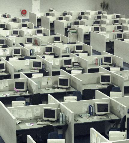 A sea of cubicles in an office