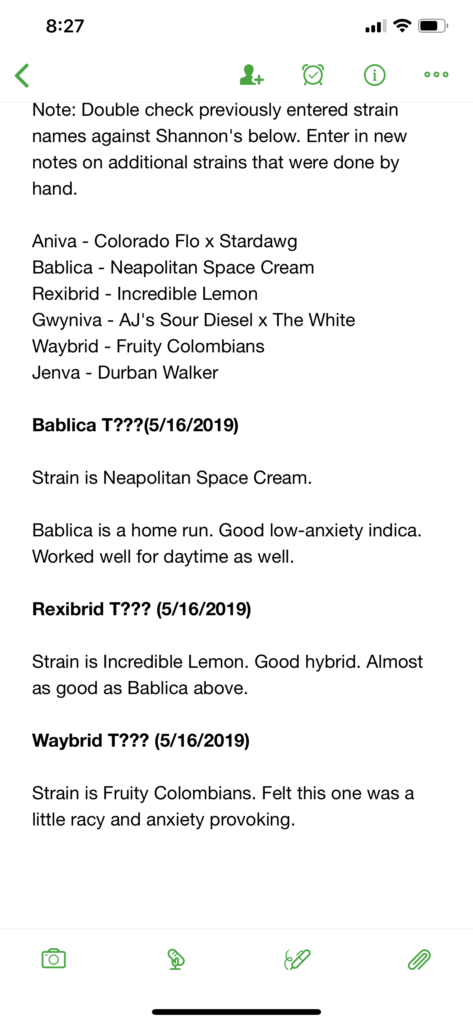 Screenshot of the author's personal strain and medicating notes in Evernote Mobile App.