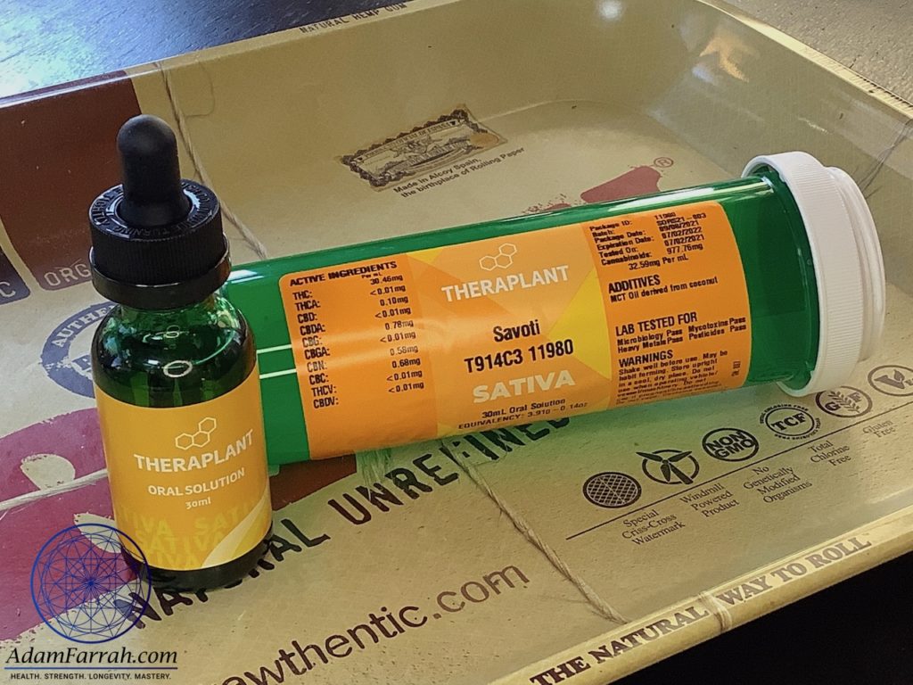 A 30mL dropper bottle of Theraplant Savoti sativa medical marijuana oil tincture.