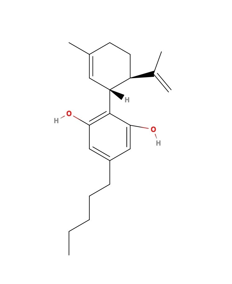 Line drawing showing chemical structure and functional groups of CBD.
