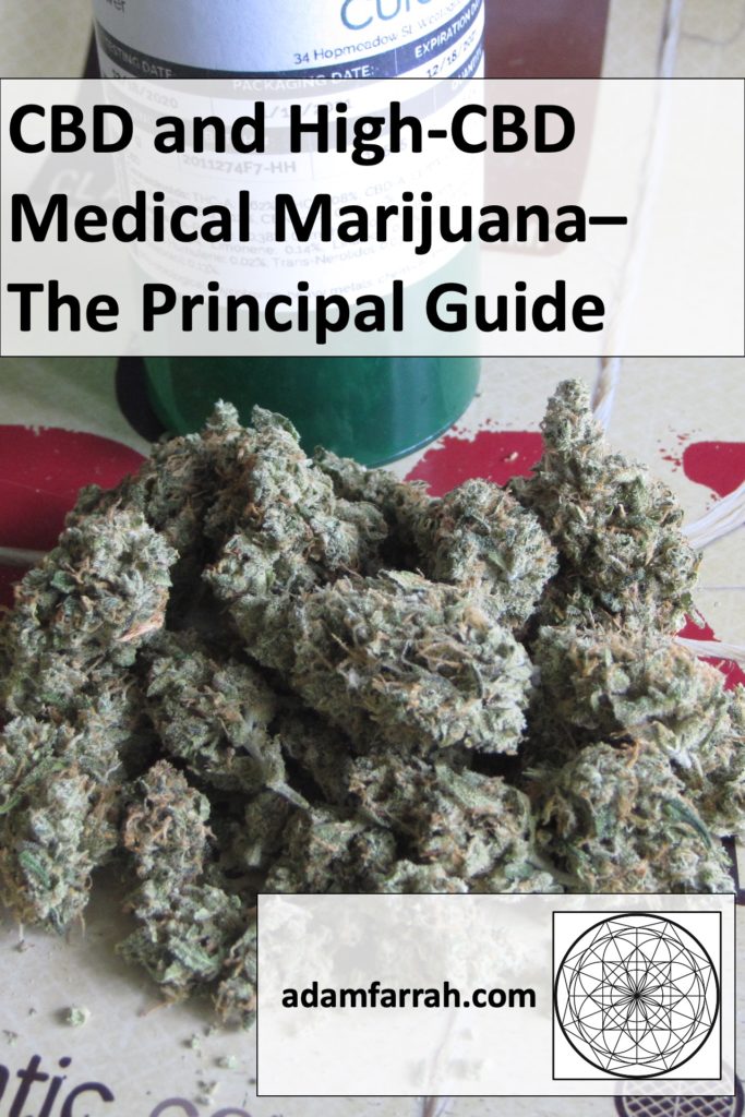 High-CBD medical marijuana flower on a tray with the post title and site logo.
