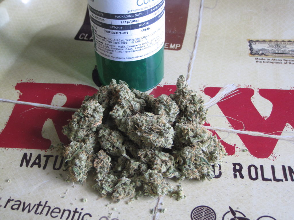 High-CBD medical marijuana on a tray.