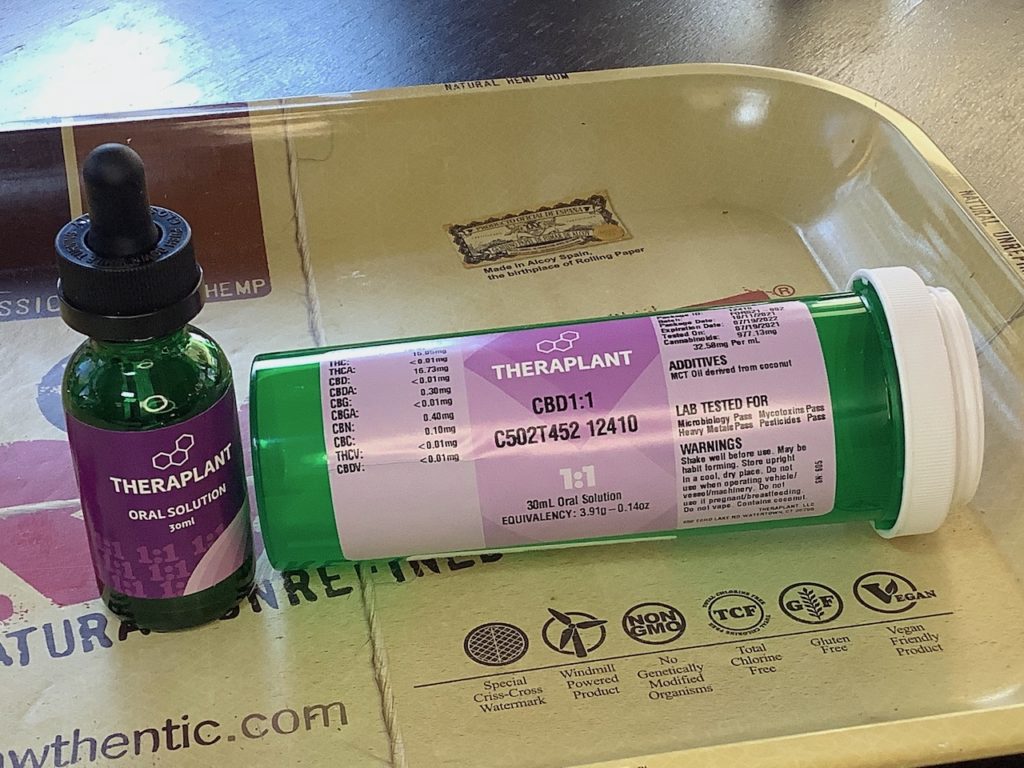 A 30mL dropper bottle of Theraplant high-CBD medical marijuana tincture.