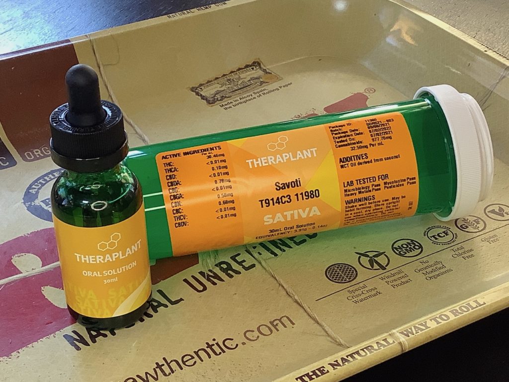 A 30mL dropper bottle of Theraplant Savoti sativa medical marijuana oil tincture.