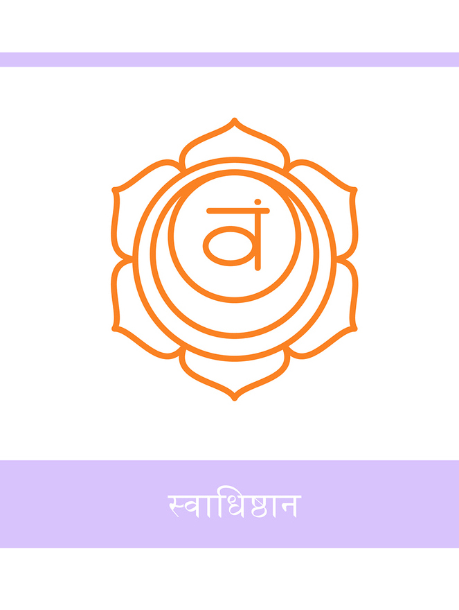 An orange, six-petal flower with three circles inside each other inside of it. A Sanskrit symbol is at the center.