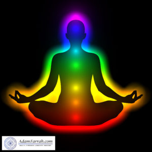 Silhouette of a person meditating with legs crossed showing the locations of the first through seventh chakras in color on the body.
