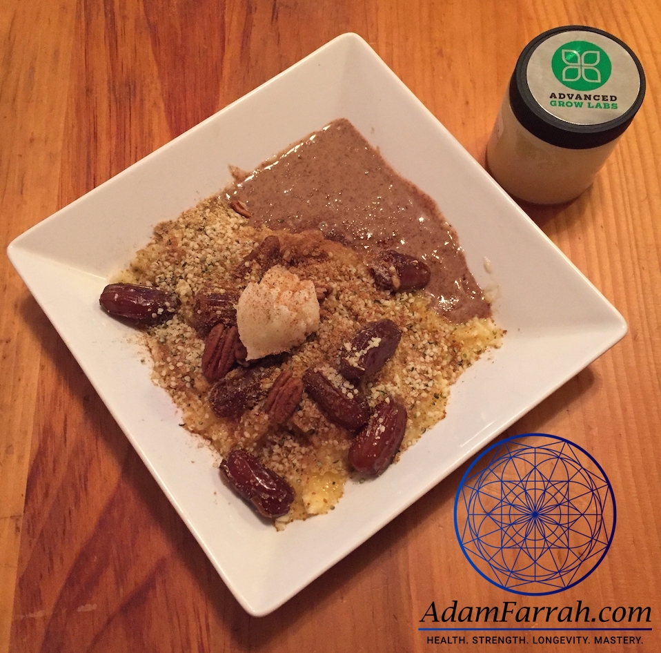 A bowl of mashed bananas topped with marijuana-infused coconut oil, dates and hemp seeds.