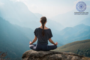 A woman sitting meditating overlooking mountains.