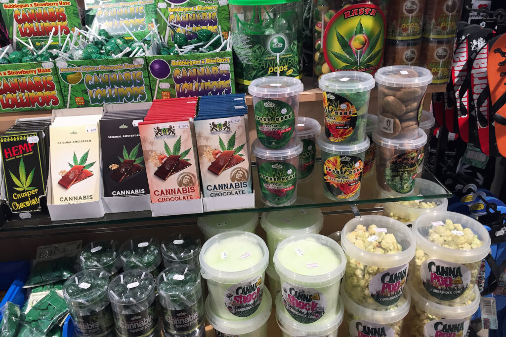 A variety of marijuana medicated junk foods on display in a dispensary.
