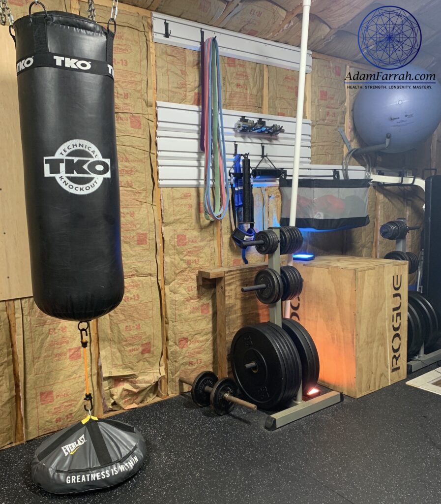 A heavy bag and storage area in a home garage gym.